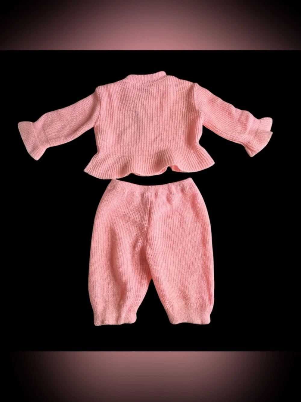 VTG 1980s Doe Spun Baby Girl Pink Knit Sweater Set 3-6 Months Ballet Slippers